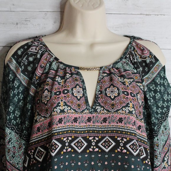 BCX Women's Boho Top Size M Green Pink Floral 3/4 Sleeves - Picture 6 of 7